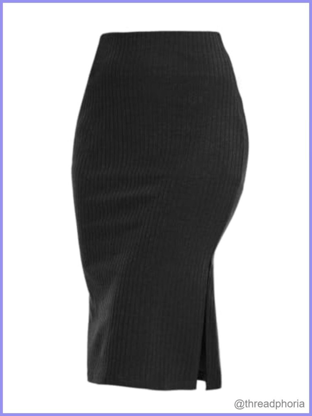 Ribbed Knit Pencil Skirt Stretchy High Waisted Side Slit Knee Length Midi